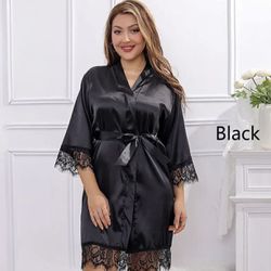 Women Ice Silk Pajamas Robes Sleepwear Nightgowns Nightdress Black L Lace Smooth Soft Comfortable size large 
