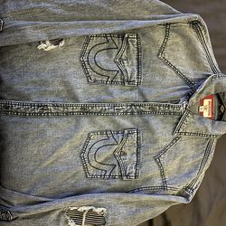 True Religion men’s ripped denim button up shirt