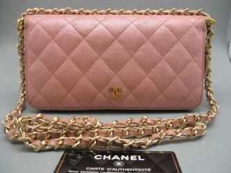 Authentic Chanel Metallic Peach Pink Caviar Leather CC Long Bag Wallet