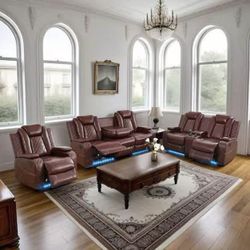 Power Electric Brown Leather Fully Reclining Three Piece Couch Set 