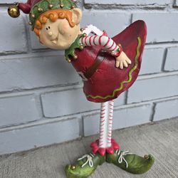 Vintage Christmas Elf Figurine Long Legs Whimsical Holiday Decor 14” Bell Hat
