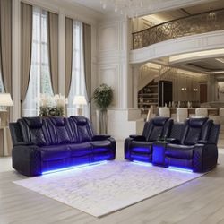 Power Electric Black Leather Sofa And Love Seat Fully Reclinable 