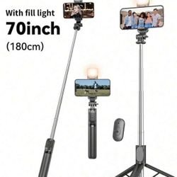 Tangle Free Large Size Professional Smartphone Photography Accessories 70'' Extendable Selfie Stick Tripod With Wireless Remote & Light 