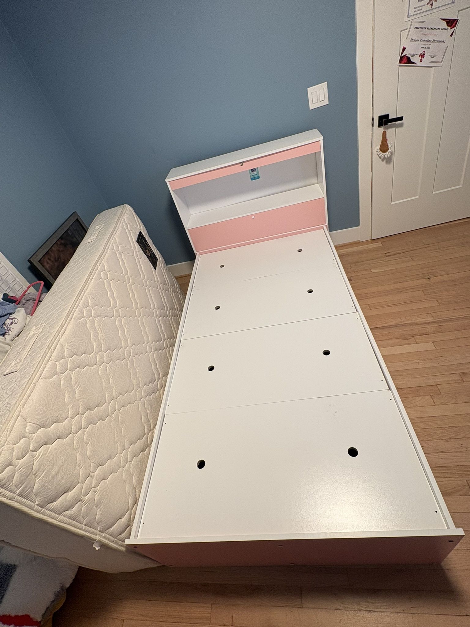 Hodedah Twin-Size Captain Bed with 3-Drawers and Headboard in Pink