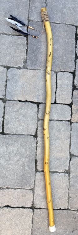 Handmade Wood Walking Stick 5ft Southwest Native Inspired Feathers Leather Grip