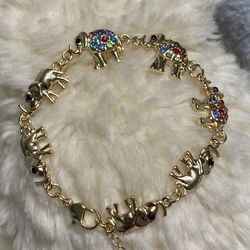 Gold Plated Bracelet With Multicolored Elephants 7”