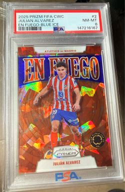 Julian Alvarez 2025 Panini Prizm FIFA #2 Blue Ice En Fuego /99 PSA 8 SSP FIFA Club World Cup.beautiful card , great eye appeal .