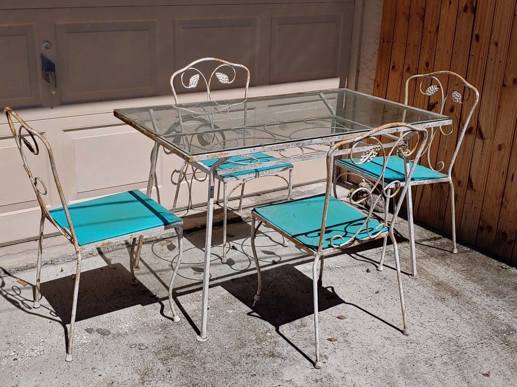 Antique Wrought Iron Glass Top Table and Chairs