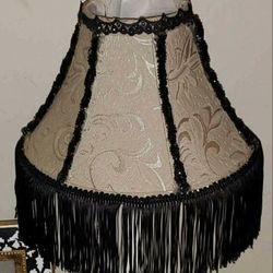 VINTAGE GOTHIC BLACK WHITE LACE DAMASK BEADED FRINGE SIDE TABLE LAMP SHADE DECOR