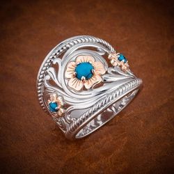 Vintage Handmade Turquoise Floral Blue Opal Hollow Silver Ring - Size 5