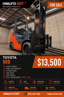 TOYOTA M8 forklift,6600 lb,3 stage, side shift, LOW HOURS