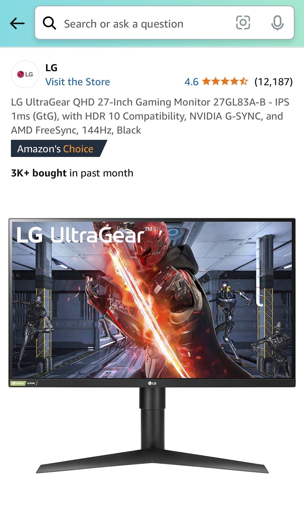 LG Gaming Monitor 144Hz 27 Inch Nvidia