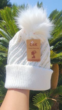 C&K Women's White Stone Pom Beanie Hat