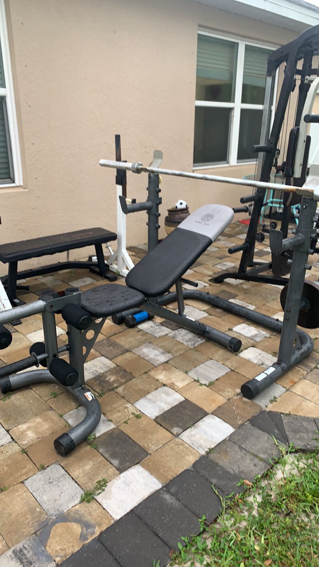 Squat Rack Up To 6 Feet High Separate Adjustable Bench Olympic Barbell And 100 Pounds For 450