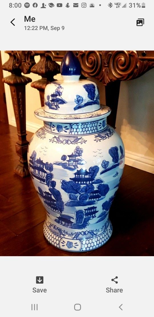 Large Asian Blue And White Jar