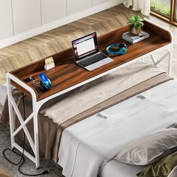 LITTLE TREE HS031 Desk Mobile Queen Size Bed Table Metal Legs for Bedroom, Dark Walnut and White