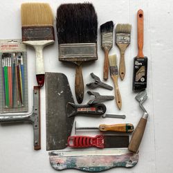 Preowned Painting Supplies Brushes, Scrapers, Triangular Shave Hook, Goldblatt Mason’s Corner Line Tool