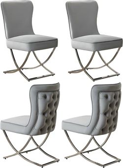 Set of 4, Luxury Velvet Dining Chairs, Tufted Upholstered Armless Accent Chairs with Silver Metal X-Legs, Modern Glam Dining Room Chair Light Grey  So