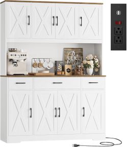 71" Large Pantry Cabinet with Charging Station, 55" Wide Kitchen Pantry Storage with Drawers and Power Outlet, Tall Kitchen Hutch with Countertop for 