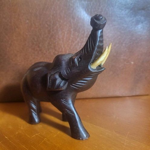 Vintage Walnut Hand Carved Elephant Figurine With Truck Up