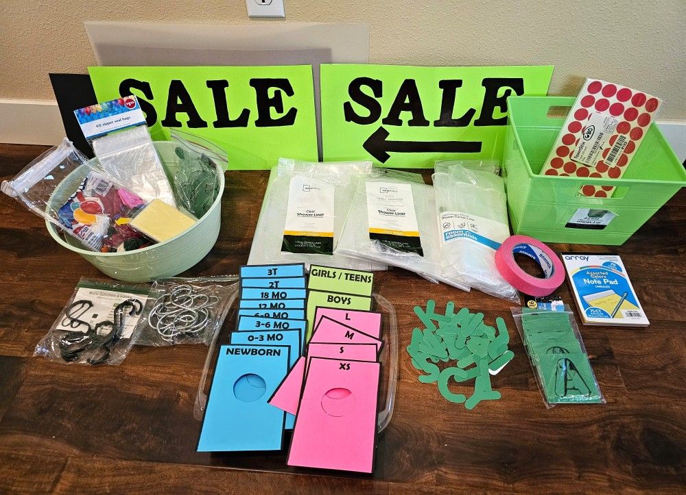 Garage Sale Seller Kit- Stickers, Tape, Bags, Hooks, Balloons, Stencils More