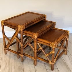 Vintage BoHo Chic Chippendale Bamboo and Walnut Nesting Tables. Minimal Wear.