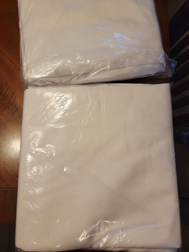 New In Package 2 White Round Polyester Tablecloths 120"