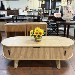 Modern minimalist wooden recessed center table, 47.2-inch oval height-adjustable storage coffee table with 180° sliding roller shutter door, suitable 