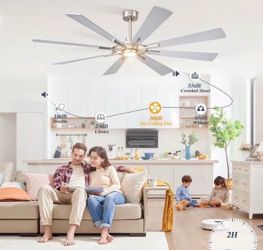 60 Inch Large Ceiling Fans, Outdoor/Indoor Modern Ceiling Fan for Patio Bedroom,6 Speed Reversible Quiet DC Motor, Dual Finish 8 Blades, Brushed Nickl