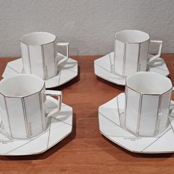 Lot of 4 Givenchy Hexagonal Shape Cream White & Gold Coffee Cup & Saucer Used