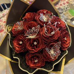 Valentine 12 Artificial Red Glitter ✨ Bouquet 💐 