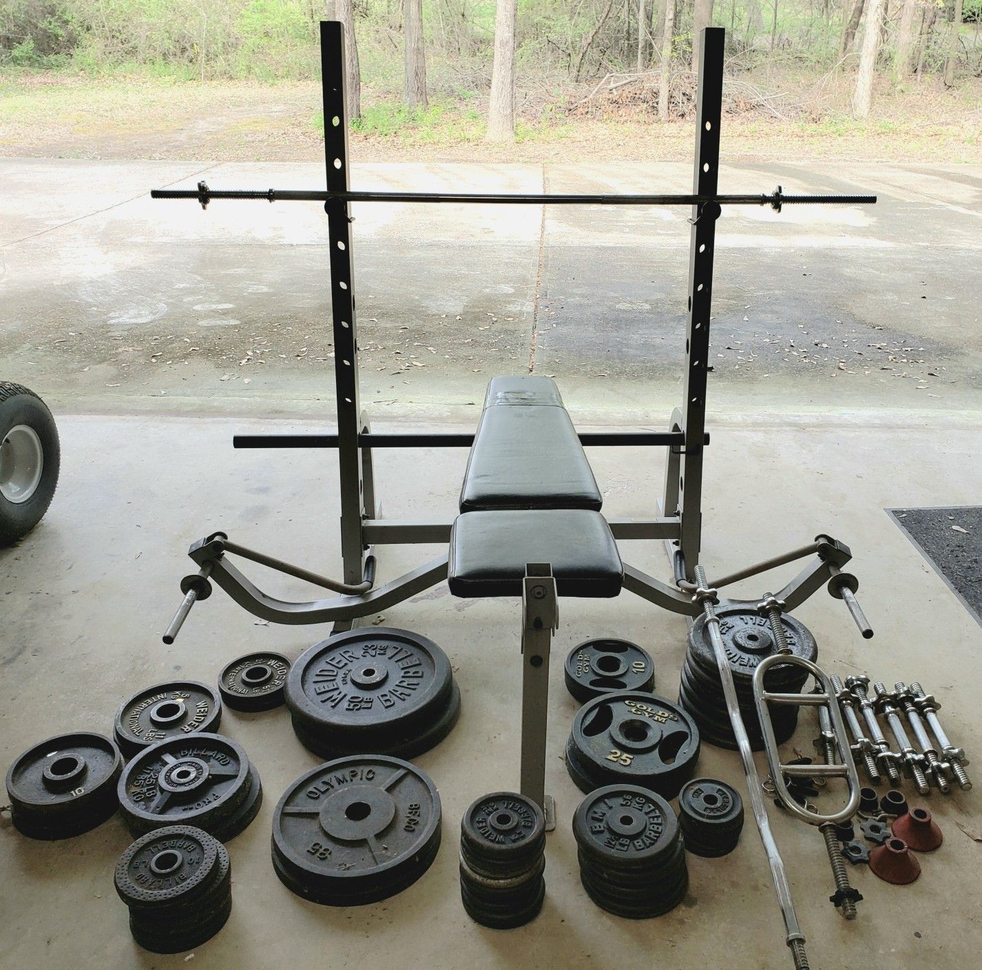 Pro-Form 733 bench + 650lb free weights, bars