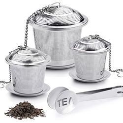 Tea Infuser, 3 Premium Stainless Steel Tea Ball Strainers & Cooking Infuser, 2 Size with Fine Mesh, Drip Trays, Extended Chain Hook to Brew Loose Leaf