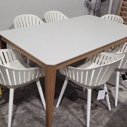 7PC Patio Dining Set – 67” Hardwood Table + Resin Chairs | Aluminum Legs | BRAND NEW | All-Weather Poly Top | Heavy Duty Commercial Grade | Delivery A