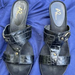 AEROSOLES /A2 SYNTHETIC BLACK SNAKE PRINT OPEN TOE SLIP ON HEELS SZ 9M