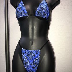 100% Spandex Blue Bandanna String Thong Bikini Bathing Suit Swimwear