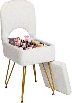White Sherpa Vanity Chair with Storage and Gold Hairpin Legs