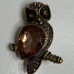 Vintage Monet Owl Brooch Pin Large Amber Stone With Pink Rhinestones
