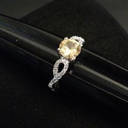 10k White Gold Ring With Stunning 1ct. Yellow Citrine Center Stone Surrounded By Small Full Cut Diamonds 