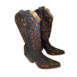 Corral Rudel Tall Leather Boots Inlay Heel Cowgirl Snip Toe Black and Orange 10