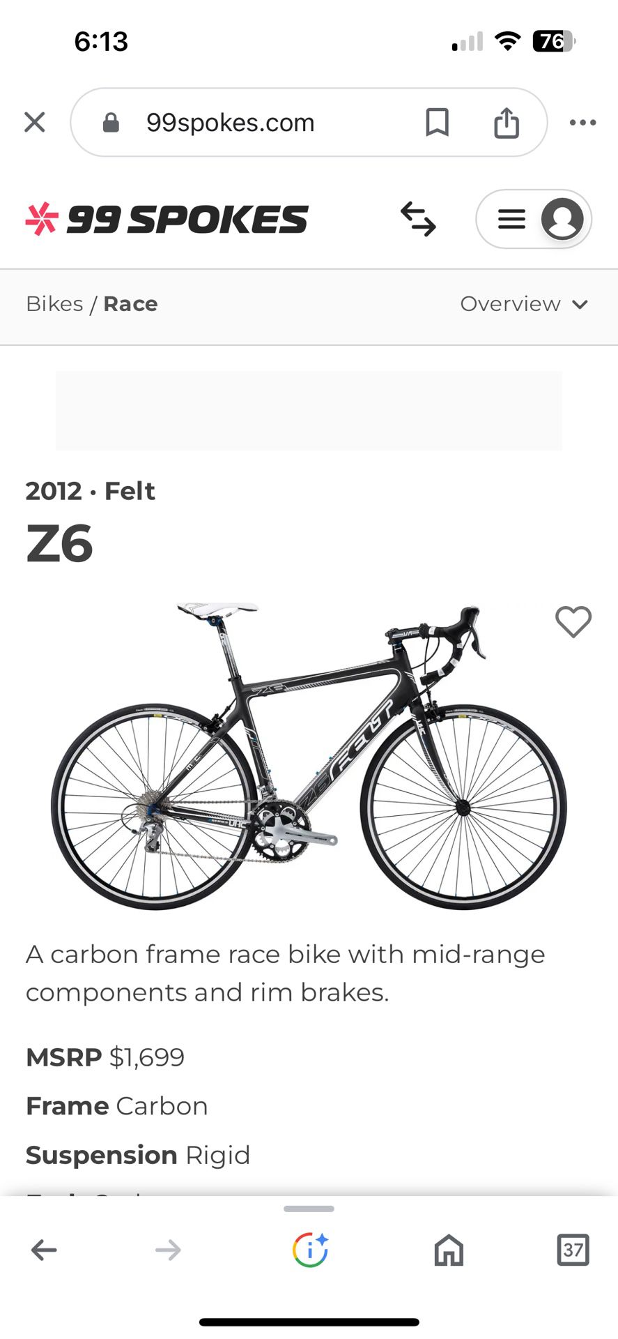 Felt Z6 Carbon Fiber Road Bike , 16 Speed In Excellent Condition