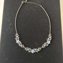 Vintage Floral Silver Tone Necklace with Blue Rhinestone Accents