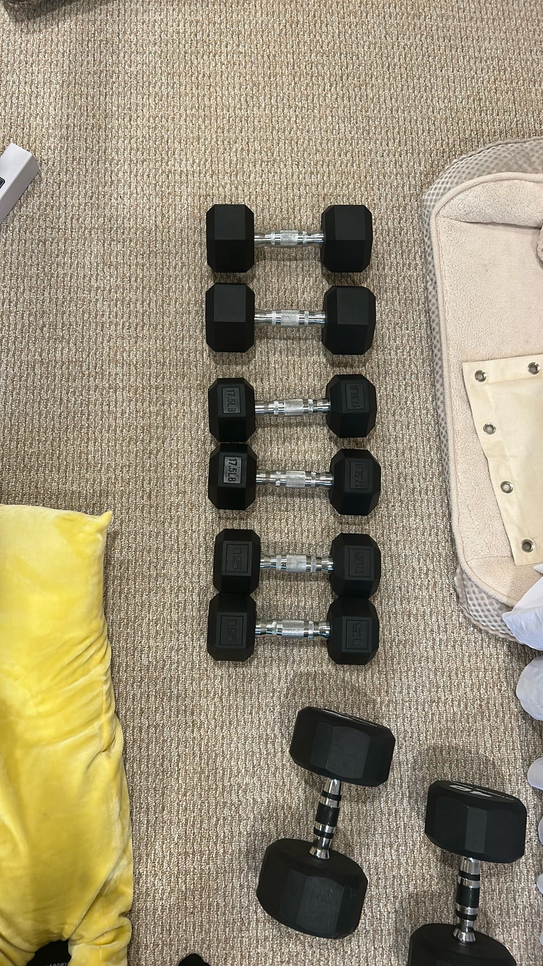 Dumbbells, 15 Lbs, 17.5lbs, and 25lbs Pairs