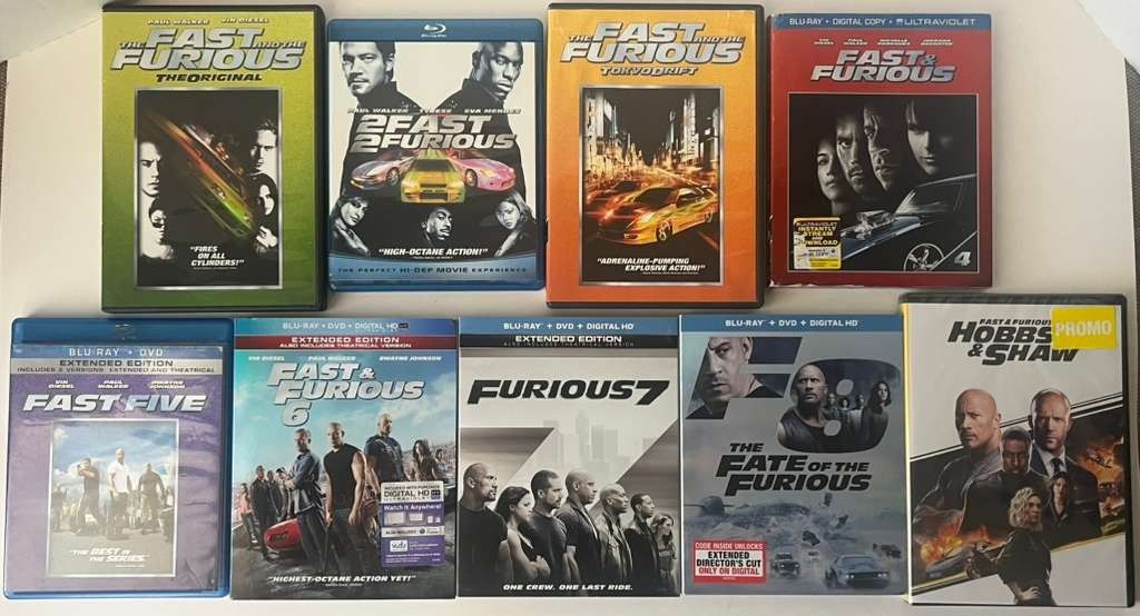 Lot of 9 THE FAST AND THE FURIOUS Movies Set from 1 to 8 + Hobbs & Shaw