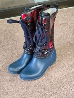 Womens 7 Sporto Sparta Plaid Rain Boots Waterproof Red Plaid Blue Sole Faux Fur Lined