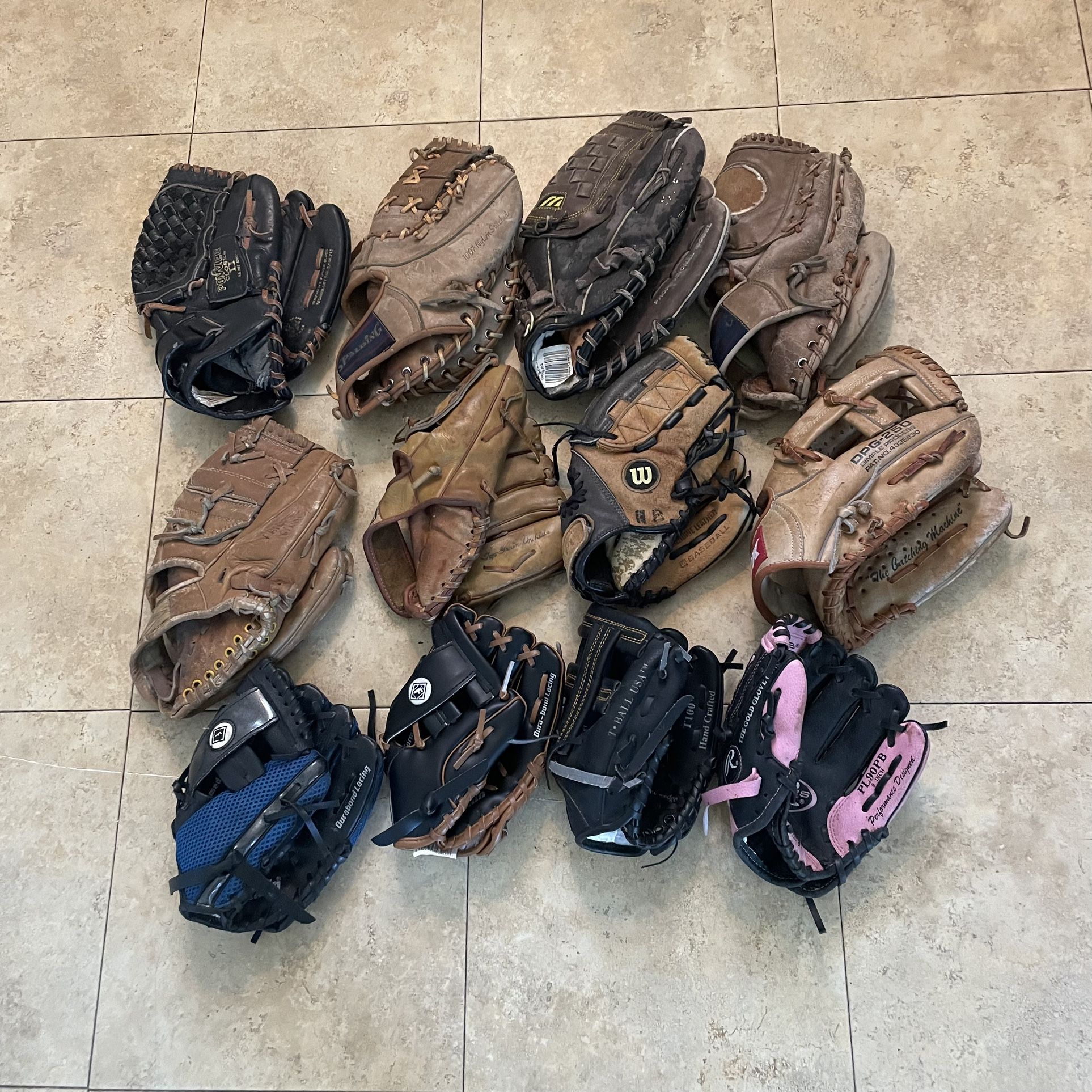Lot Of 12 Baseball Softball Gloves Mizuno Rawlings Wilson 