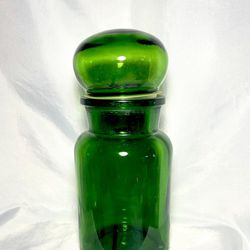 Vintage Apothecary Jar Green Glass 8.5" Bubble Lid Belgium