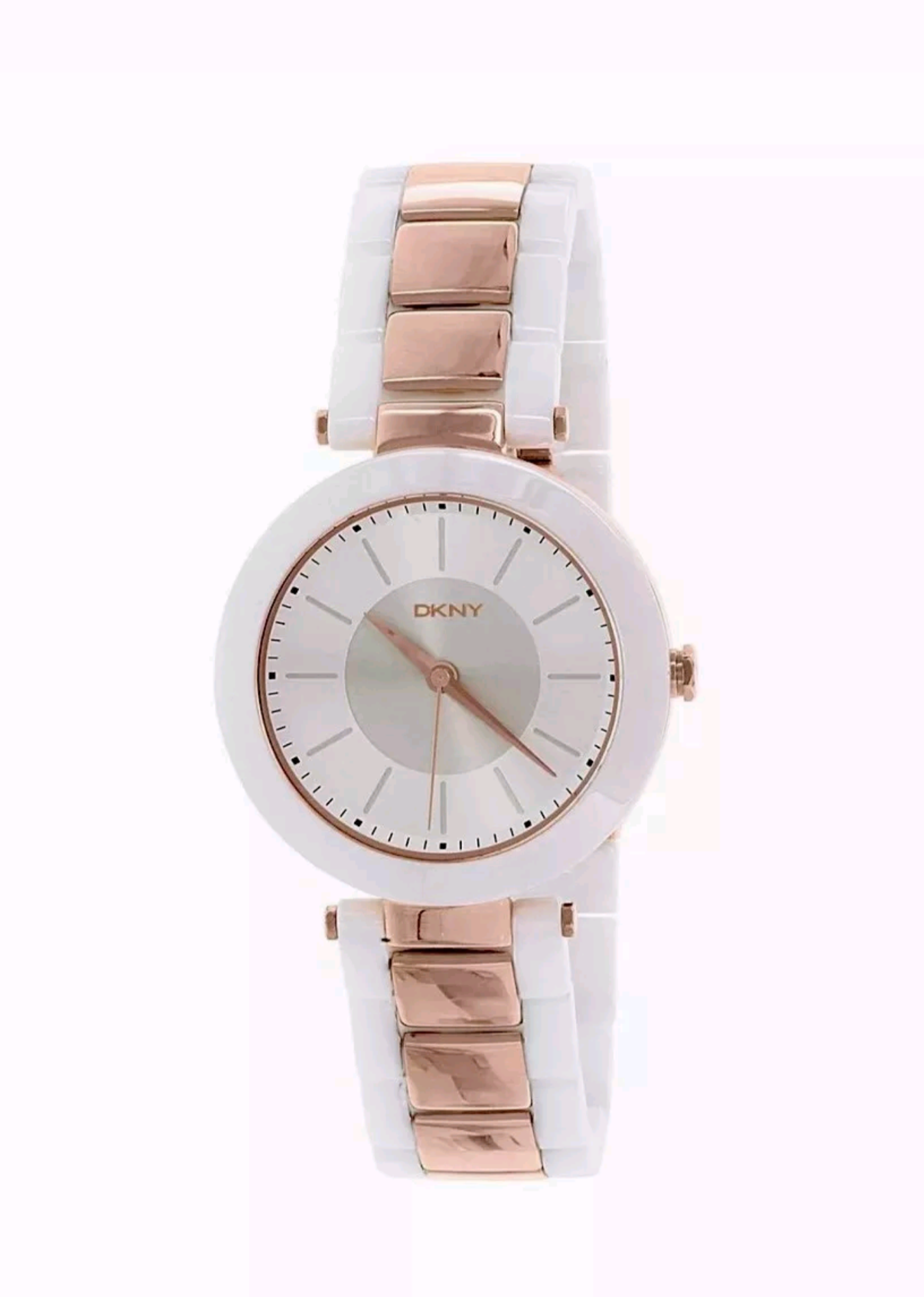 $235 DKNY Stanhope Rose Gold-tone White Ceramic Ladies Watch NY2290