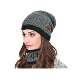 Grey 2-Pcs Unisex Winter Cap Warm Wool Lining Knitted Hat & Scarf