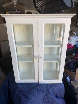 White wood Hanging display cabinet with glass doors and crystal knobs